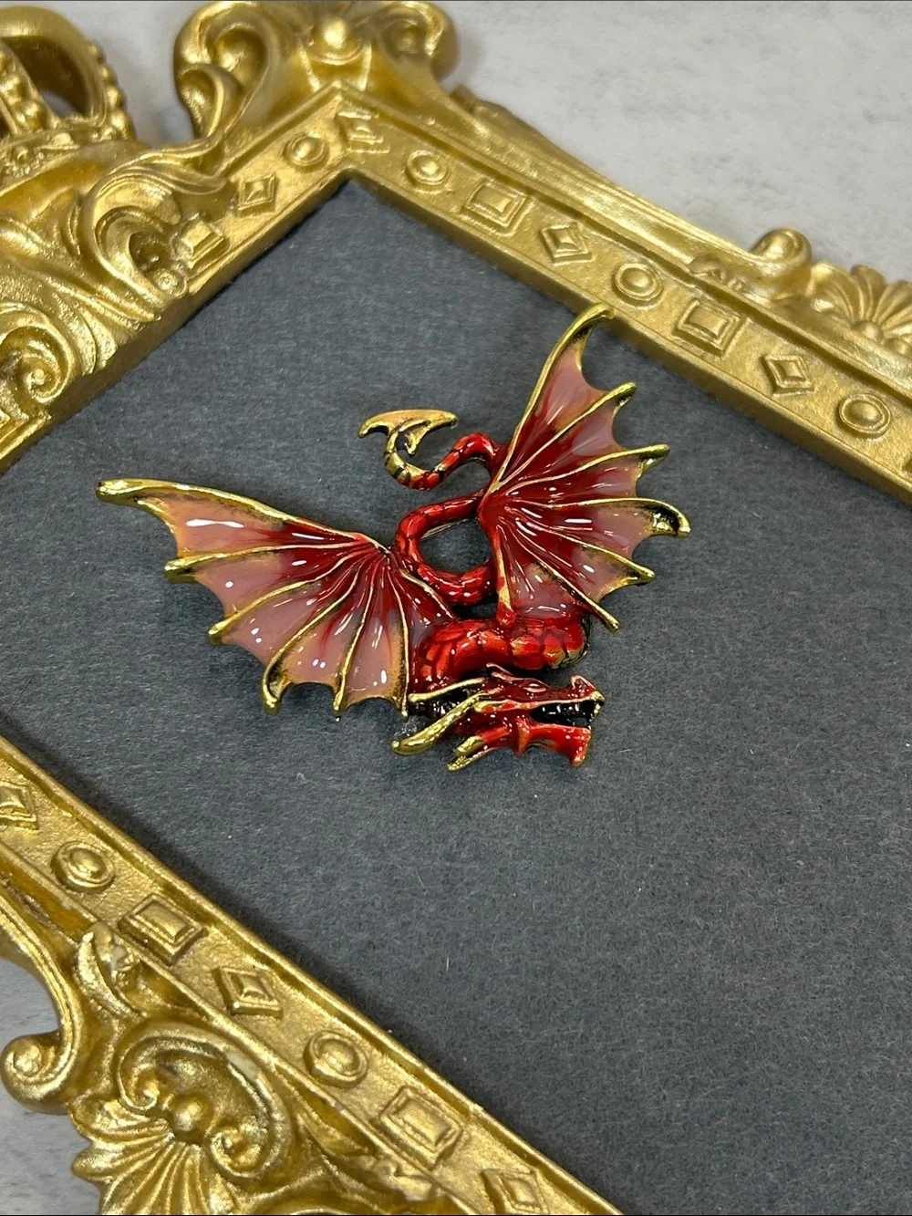 Red Enamel Dragon Brooch with Gold Trim